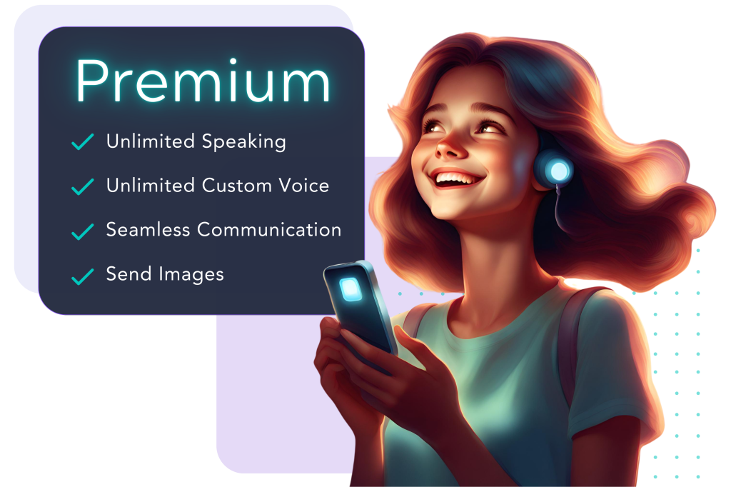 The image shows a promotional advertisement for a service called "Premium". It lists four main features: Unlimited Speaking, Unlimited Custom Voice, Send Images, and Seamless Communication. The graphic is vibrant and colorful, predominantly featuring blues and purples. In the foreground, there's an illustration of a young woman with a joyful expression, looking upwards as if she's interacting with the service. She has long, flowing hair and is wearing headphones connected to a smartphone she's holding. The background suggests a digital or virtual theme, with a gradient and dotted pattern. The overall design is sleek and aimed at showcasing the benefits of upgrading to a premium service.