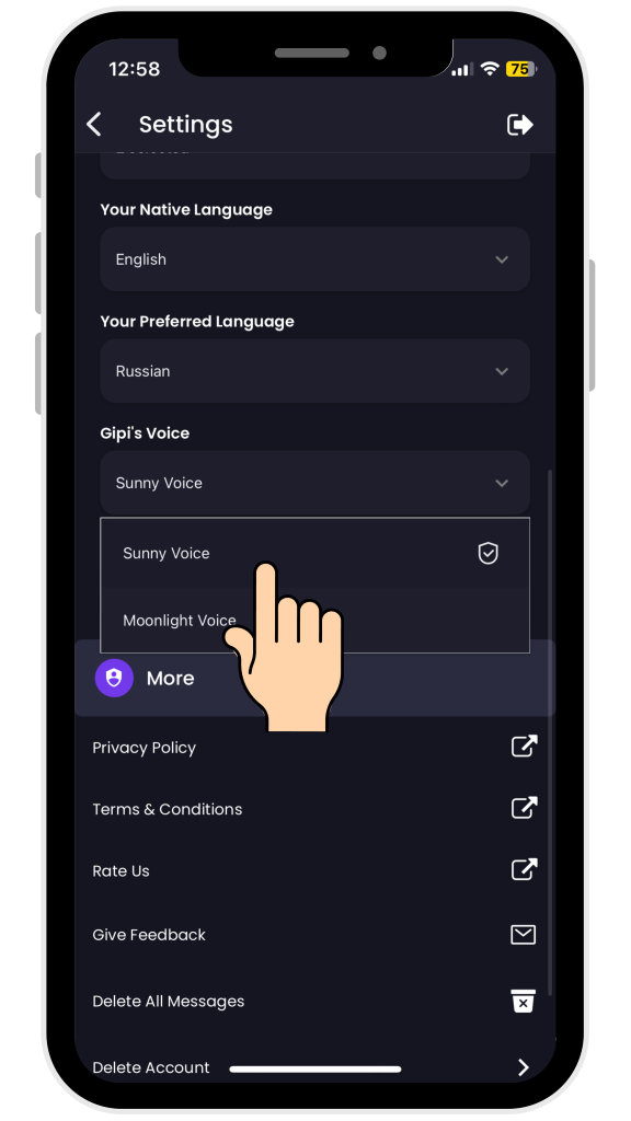 A user interface from the Gipi app displayed on a smartphone. The settings page is open, showing options for 'Your Native Language' and 'Your Preferred Language' set to English and Russian, respectively. Below, under 'Gipi's Voice,' the 'Sunny Voice' is currently selected, with a hand icon indicating the user is about to switch to 'Moonlight Voice.' The menu also includes options for privacy, terms, feedback, and account management.